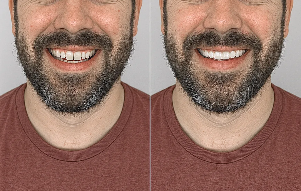 Resultados de resinas dentales en hombre de 38 años con barba en Chihuahua, restauración estética y funcional.