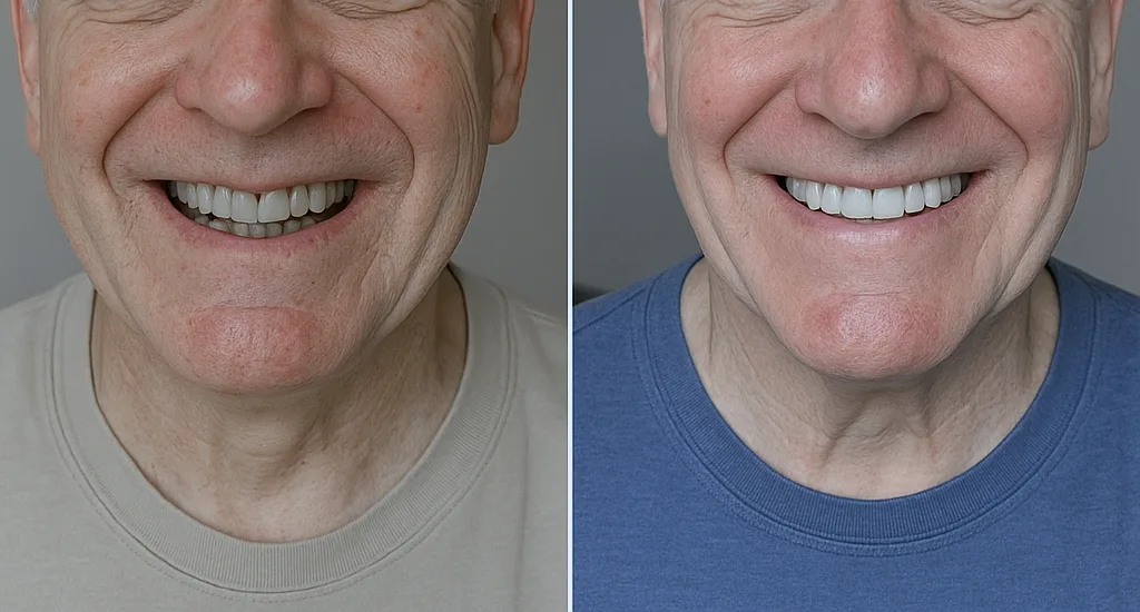 Antes y después de resinas dentales en hombre de 60 años en Chihuahua, restauración completa de sonrisa natural.