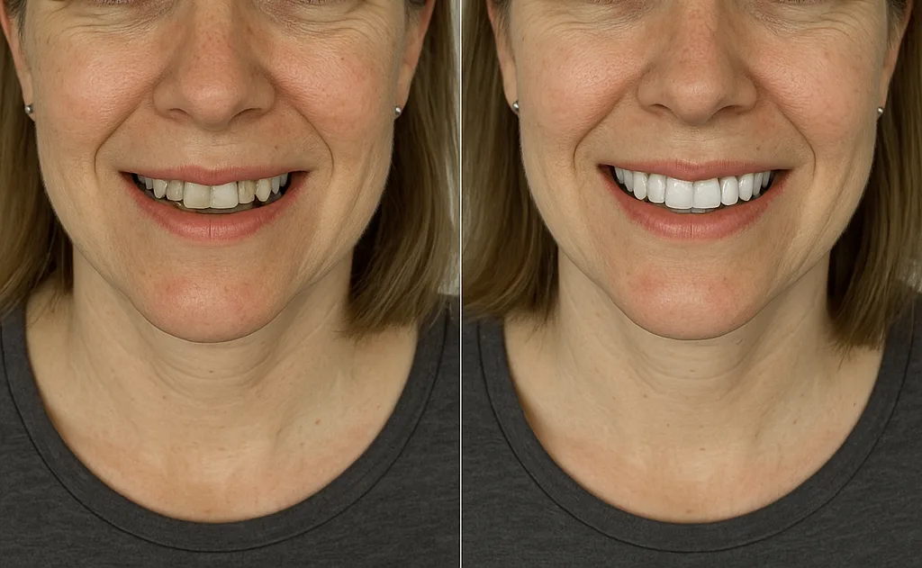 Antes y después de resinas dentales en mujer de 29 años en Chihuahua, resultados naturales y estéticos.